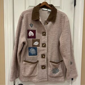 Vintage 90s Fall Embroidered Leaves Patchwork Chore Coat Jacket Corduroy Collar